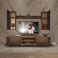 Decoraktiv Eko 7 Mdf Dvd Krom Ayaklı Tv Ünitesi Tv Sehpası Ceviz - Siyah Mermer