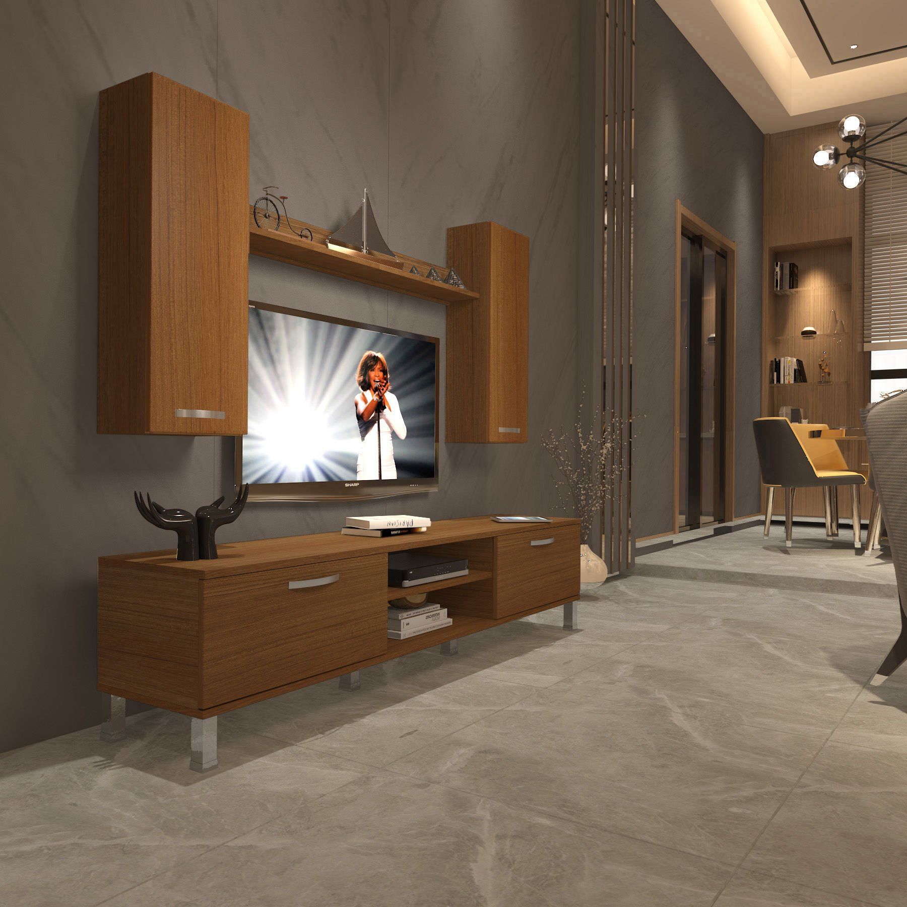 Decoraktiv Eko 7 Slm Dvd Krom Ayaklı Tv Ünitesi Tv Sehpası Ceviz