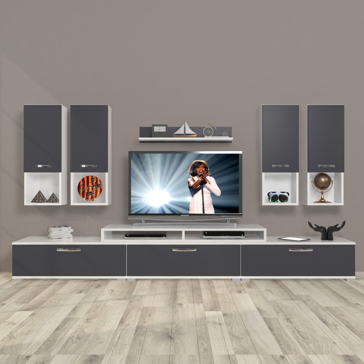 Decoraktiv Ekoflex 8DA Mdf Tv Ünitesi Tv Sehpası Beyaz - Antrasit