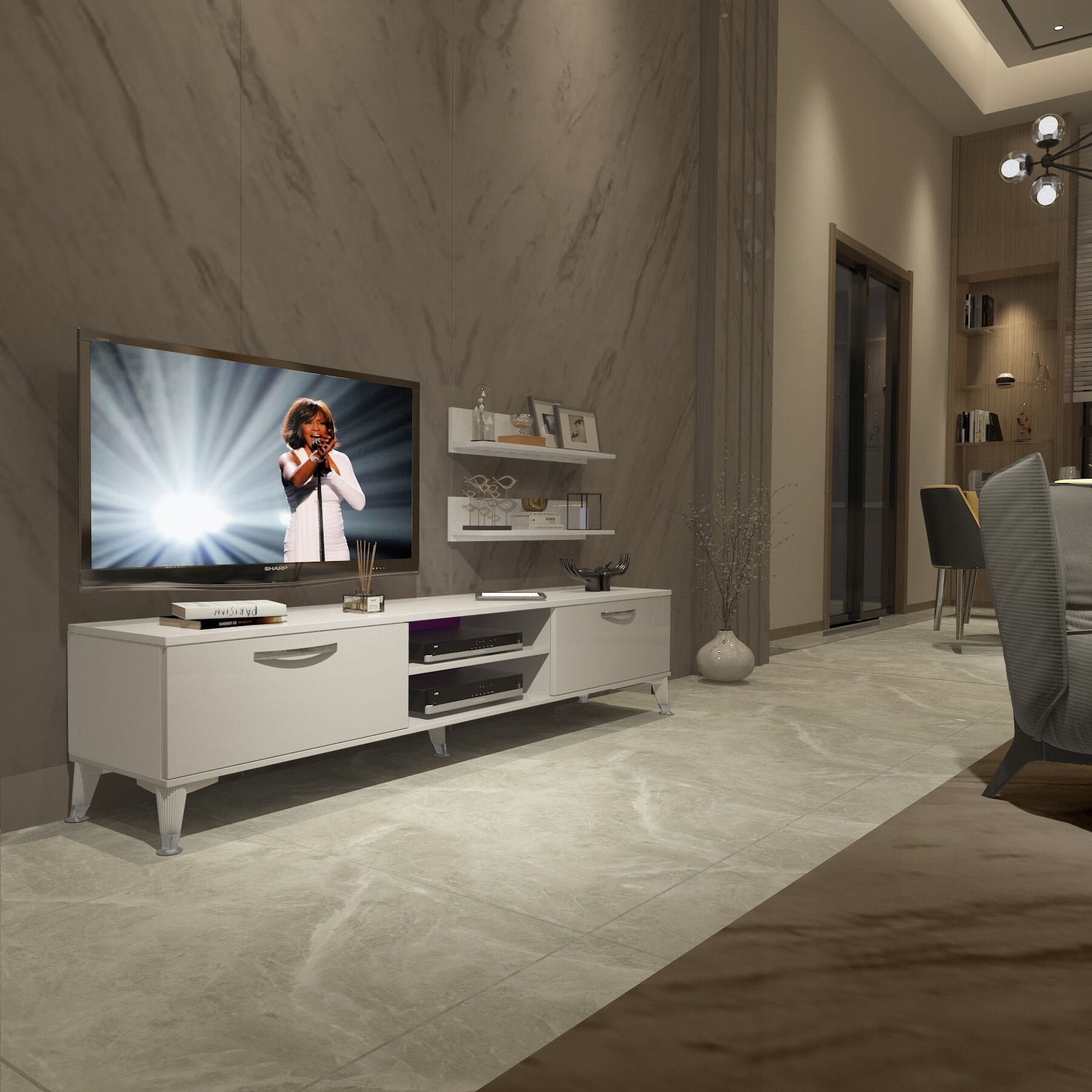 Decoraktiv Eko 4 Mdf Dvd Silver Tv Ünitesi Tv Sehpası Parlak Beyaz