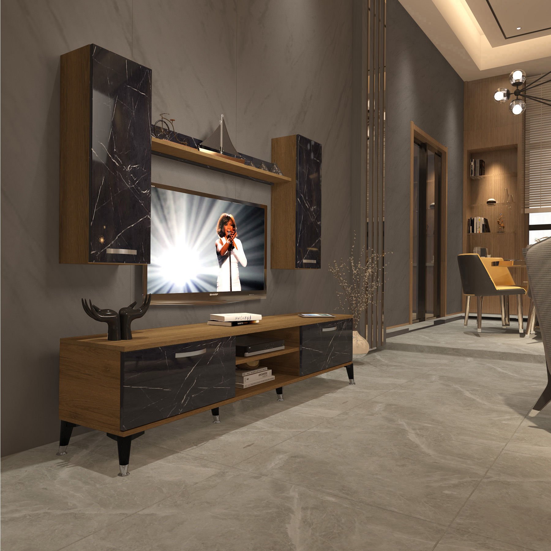 Decoraktiv Eko 7 Mdf Dvd Silver Tv Ünitesi Tv Sehpası Pera - Siyah Mermer