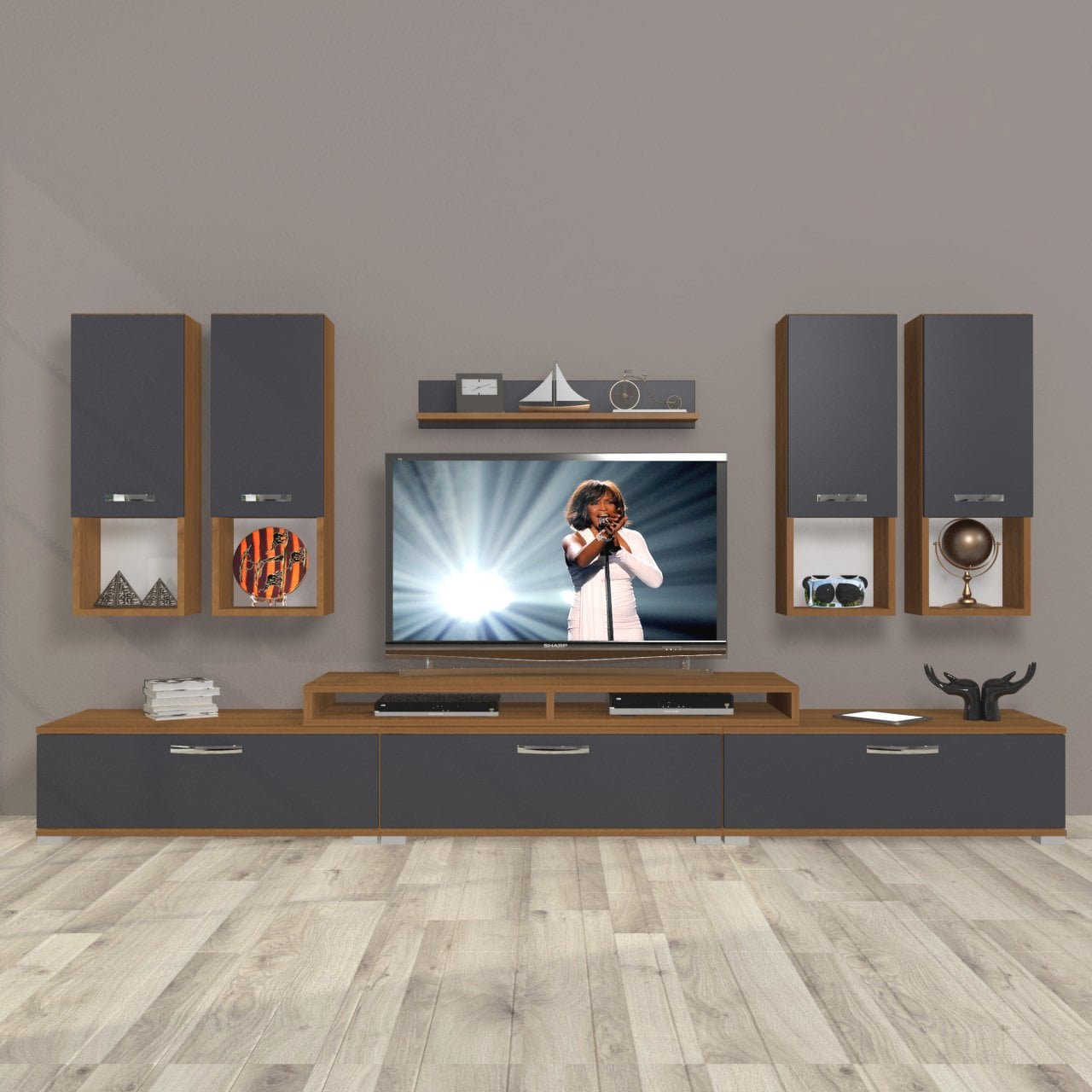 Decoraktiv Ekoflex 8DA Mdf Tv Ünitesi Tv Sehpası Ceviz - Antrasit