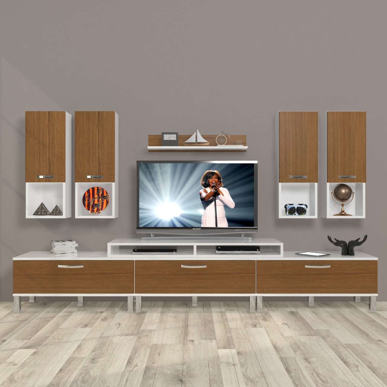 Decoraktiv Ekoflex 8DA Mdf Krom Ayaklı Tv Ünitesi Tv Sehpası Beyaz - Ceviz