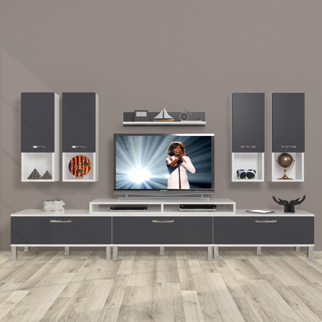 Decoraktiv Ekoflex 8DA Mdf Krom Ayaklı Tv Ünitesi Tv Sehpası Beyaz - Antrasit