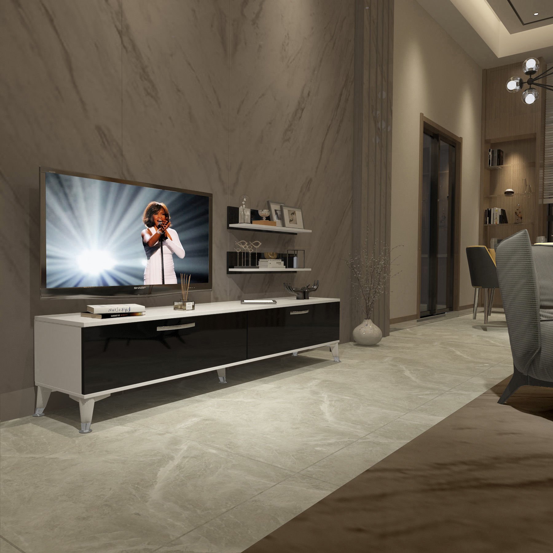 Decoraktiv Eko 4 Slm Std Silver Tv Ünitesi Tv Sehpası Beyaz - Siyah