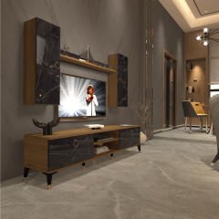 Decoraktiv Eko 7 Mdf Dvd Gold Tv Ünitesi Tv Sehpası Pera - Siyah Mermer