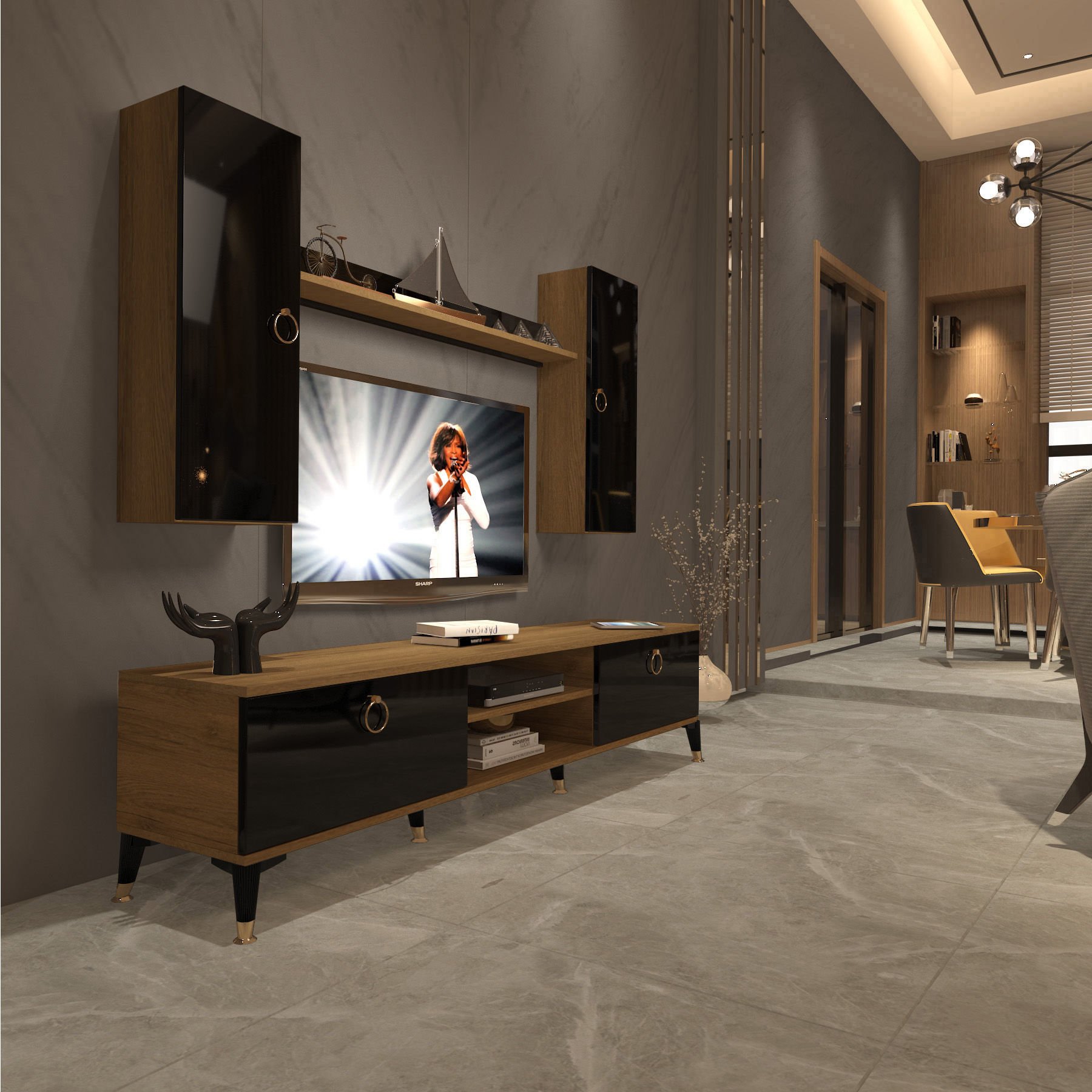 Decoraktiv Eko 7 Mdf Dvd Gold Tv Ünitesi Tv Sehpası Pera - Siyah