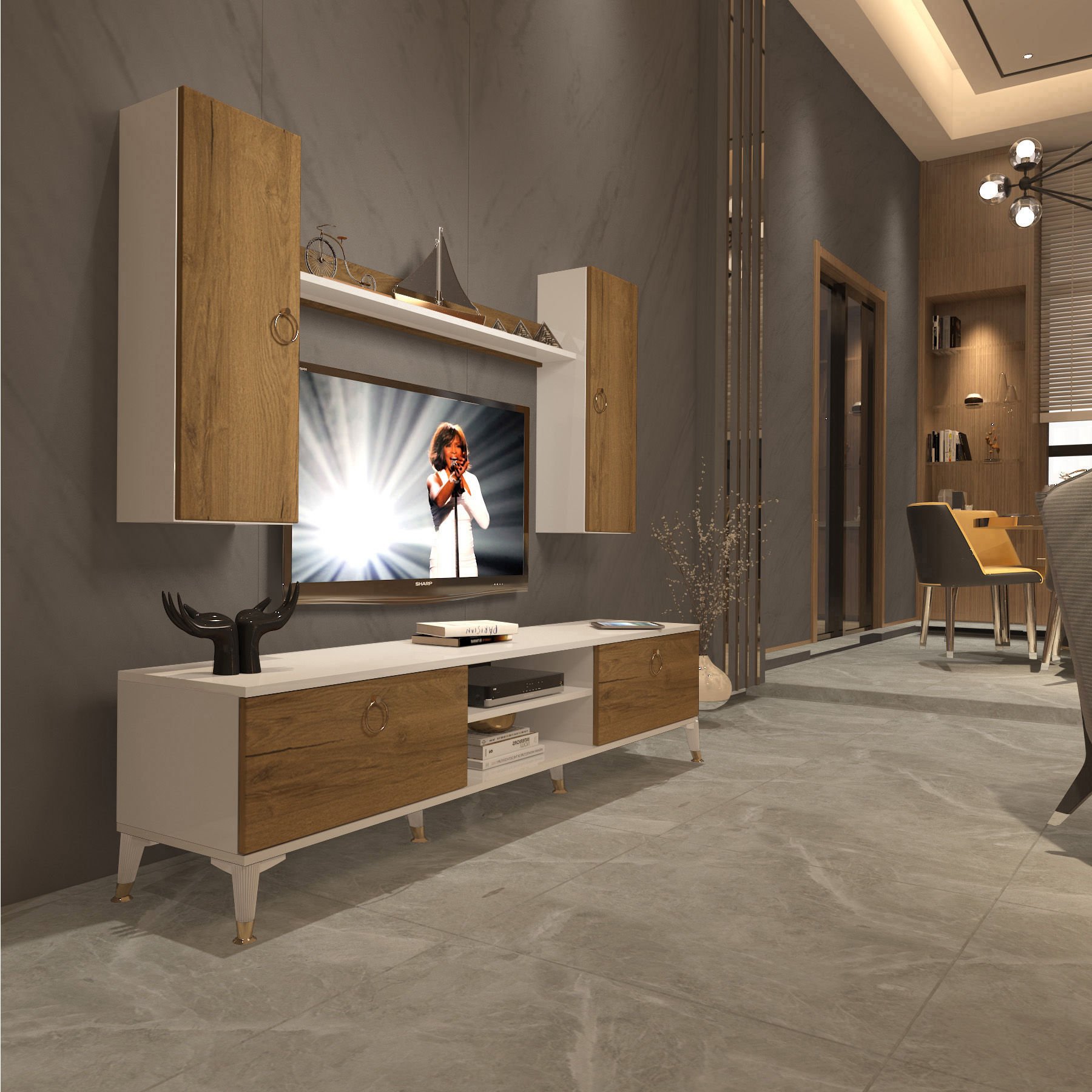 Decoraktiv Eko 7 Mdf Dvd Gold Tv Ünitesi Tv Sehpası Beyaz - Pera