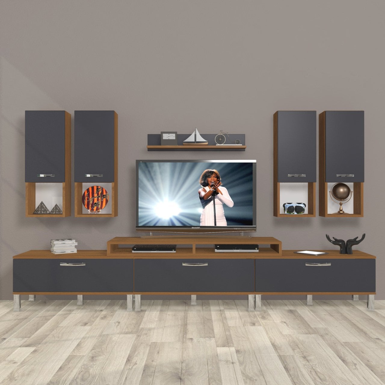 Decoraktiv Ekoflex 8DA Mdf Krom Ayaklı Tv Ünitesi Tv Sehpası Ceviz - Antrasit