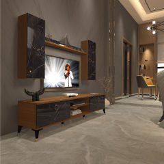 Decoraktiv Eko 7 Mdf Dvd Gold Tv Ünitesi Tv Sehpası Ceviz - Siyah Mermer
