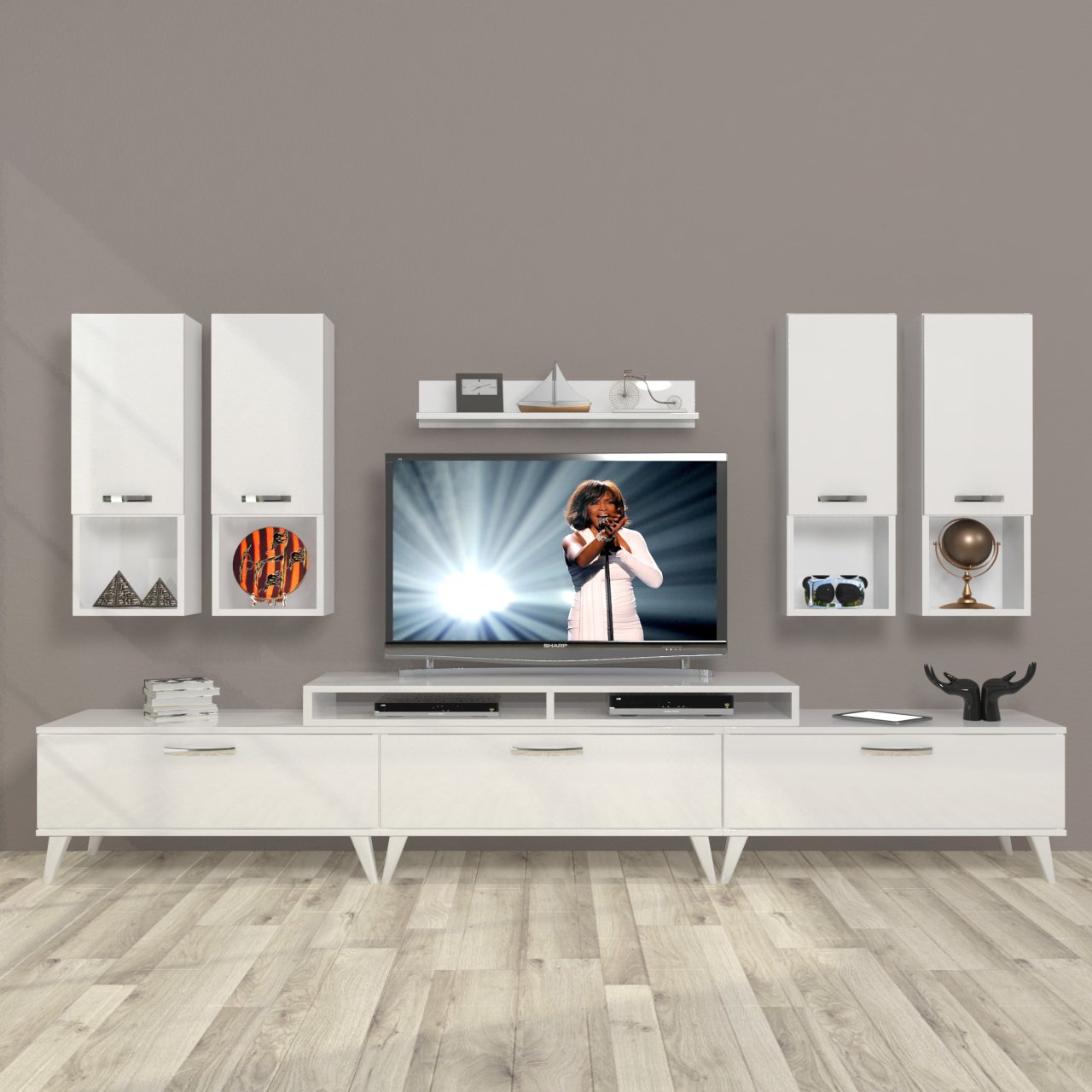 Decoraktiv Ekoflex 8DA Mdf Retro Tv Ünitesi Tv Sehpası Parlak Beyaz