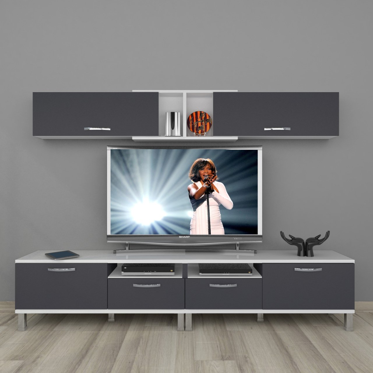 Decoraktiv Eko 5220 Mdf Krom Ayaklı Tv Ünitesi Tv Sehpası Beyaz - Antrasit