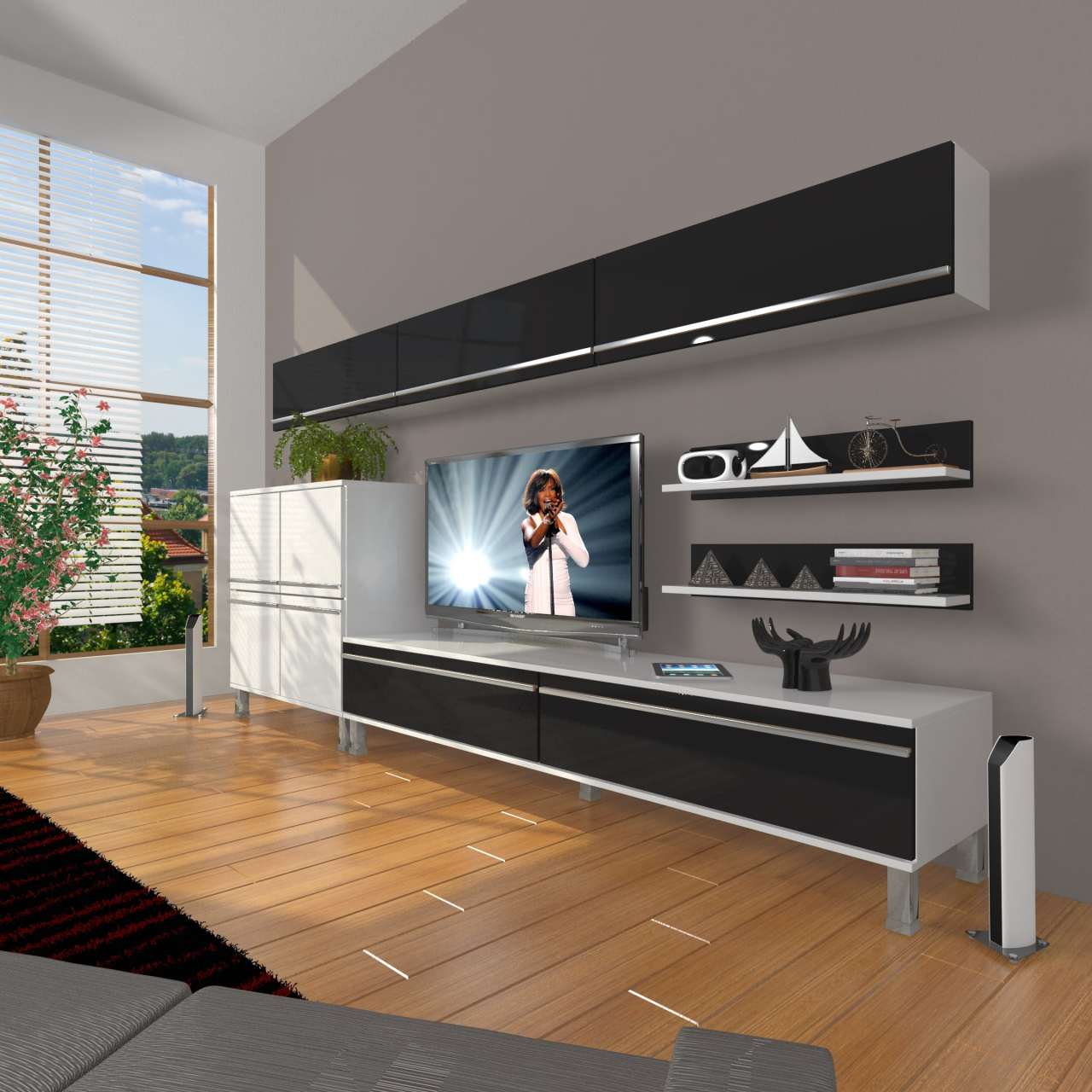 Decoraktiv Eko 8 Mdf Std Krom Ayaklı Tv Ünitesi Tv Sehpası Beyaz - Siyah