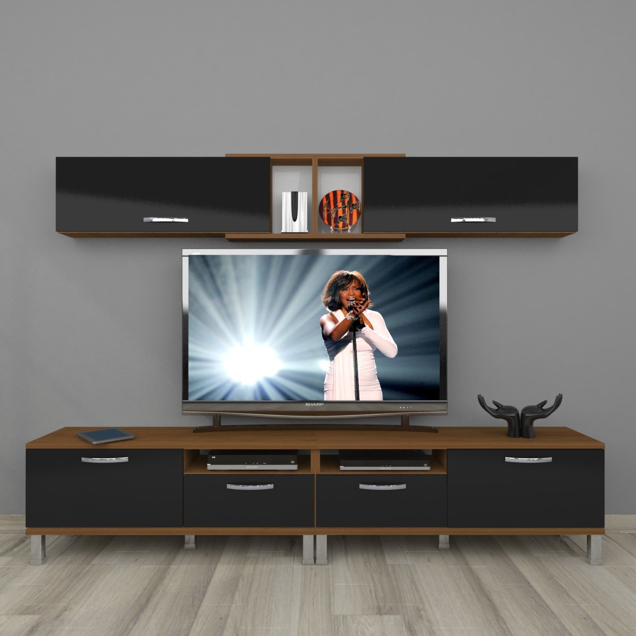 Decoraktiv Eko 5220 Mdf Krom Ayaklı Tv Ünitesi Tv Sehpası Ceviz - Siyah
