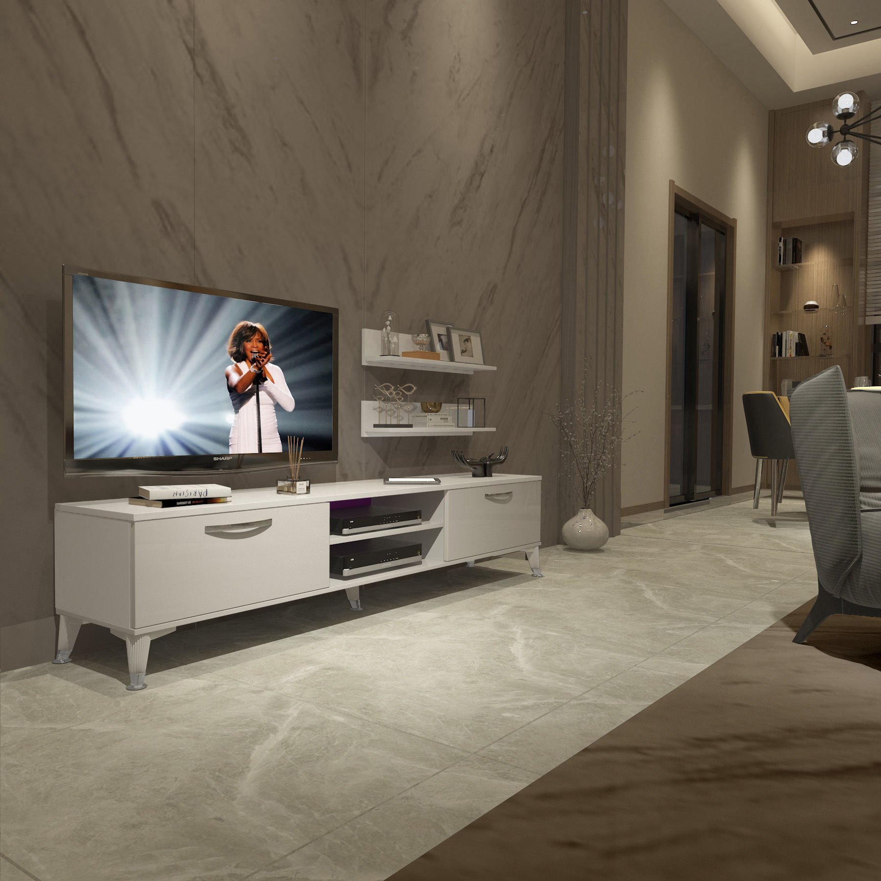Decoraktiv Eko 4 Slm Dvd Silver Tv Ünitesi Tv Sehpası Parlak Beyaz