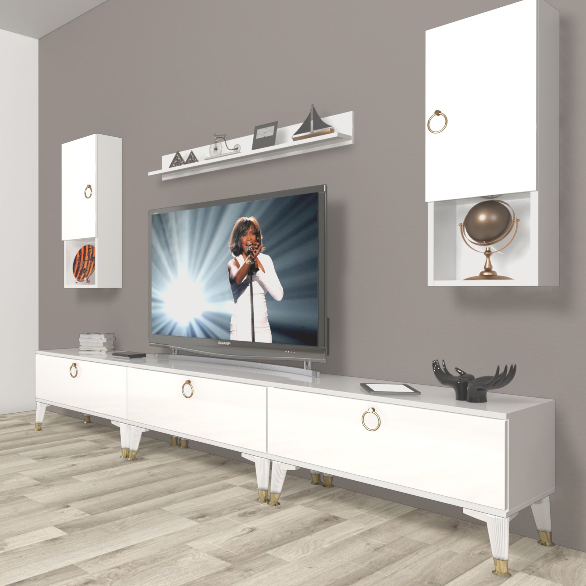 Decoraktiv Eko 270da Mdf Gold Tv Ünitesi Tv Sehpası Parlak Beyaz