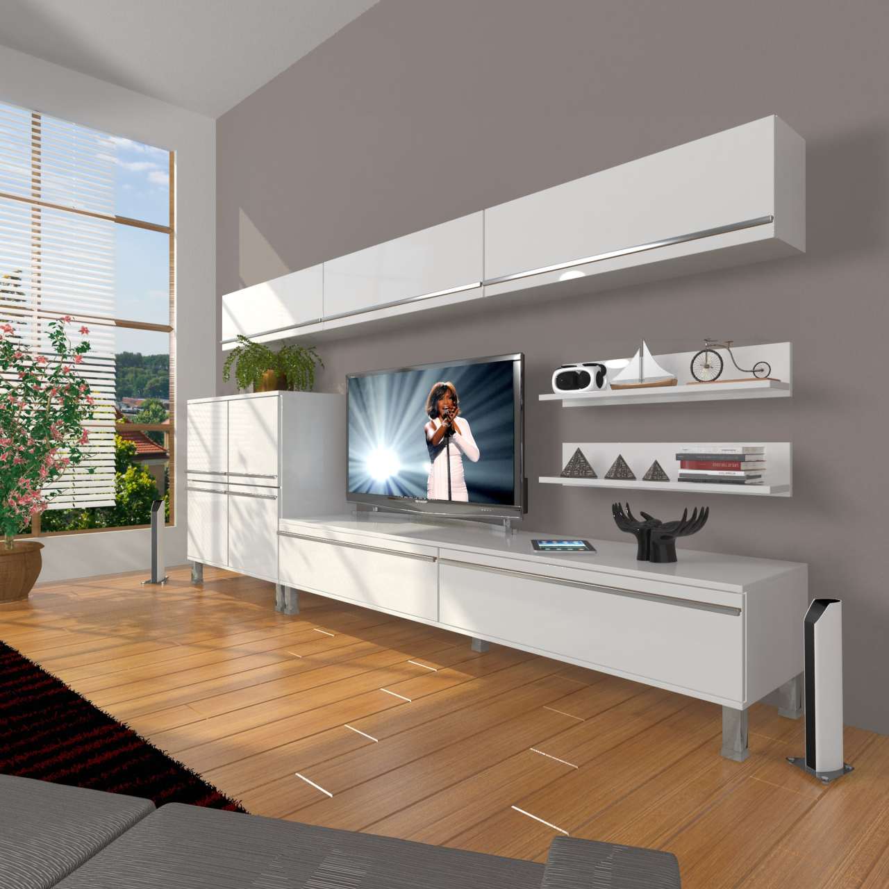 Decoraktiv Eko 8 Mdf Std Krom Ayaklı Tv Ünitesi Tv Sehpası Parlak Beyaz