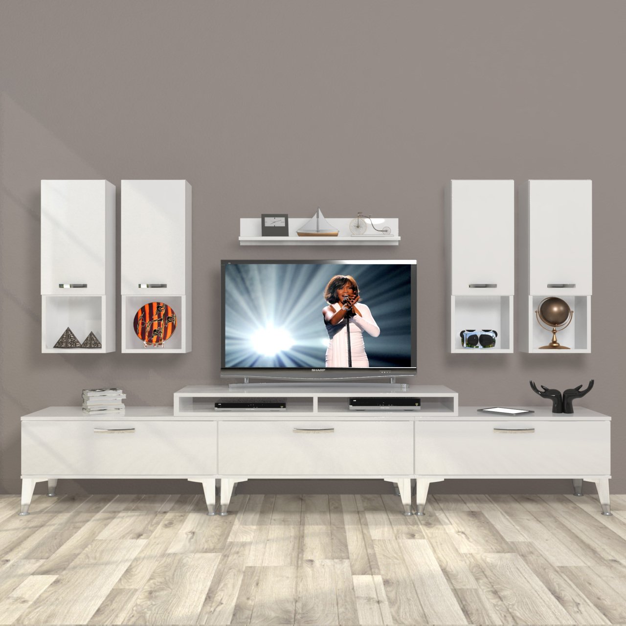 Decoraktiv Ekoflex 8DA Mdf Silver Tv Ünitesi Tv Sehpası Parlak Beyaz