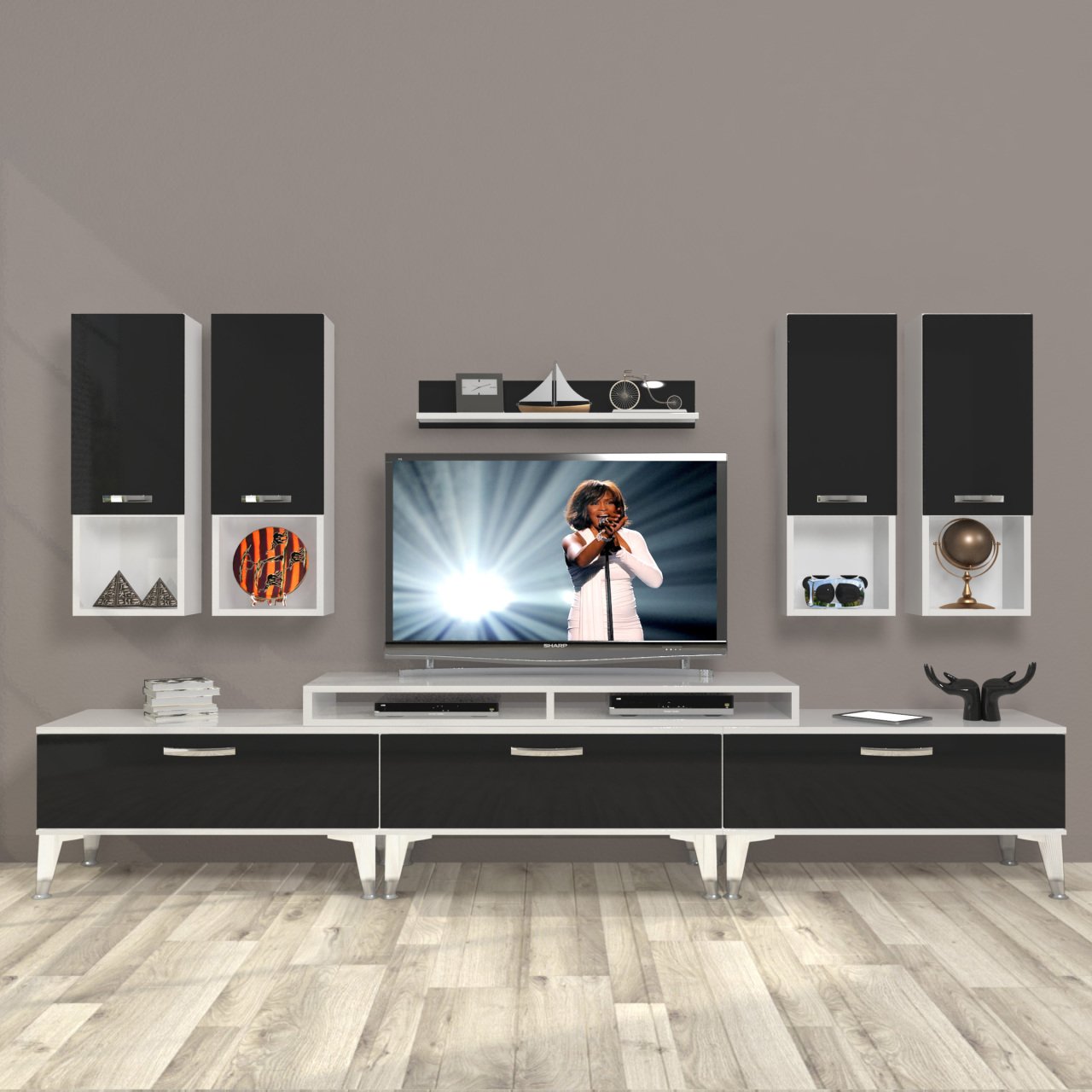Decoraktiv Ekoflex 8DA Mdf Silver Tv Ünitesi Tv Sehpası Beyaz - Siyah