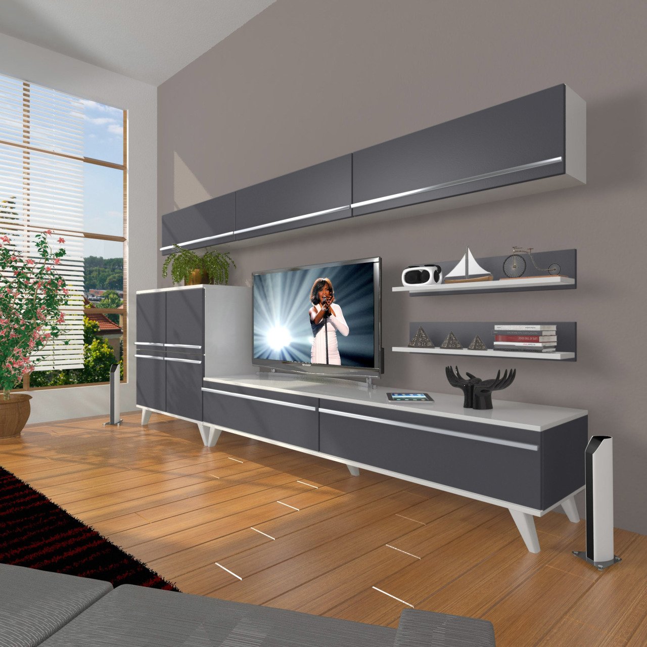 Decoraktiv Eko 8 Mdf Std Retro Tv Ünitesi Tv Sehpası Beyaz - Antrasit