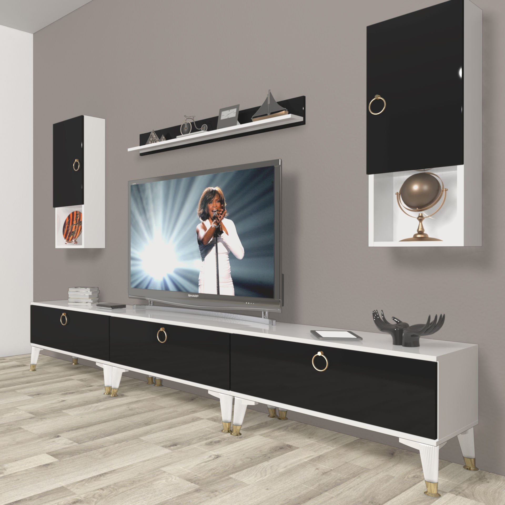 Decoraktiv Eko 270da Mdf Gold Tv Ünitesi Tv Sehpası Beyaz - Siyah