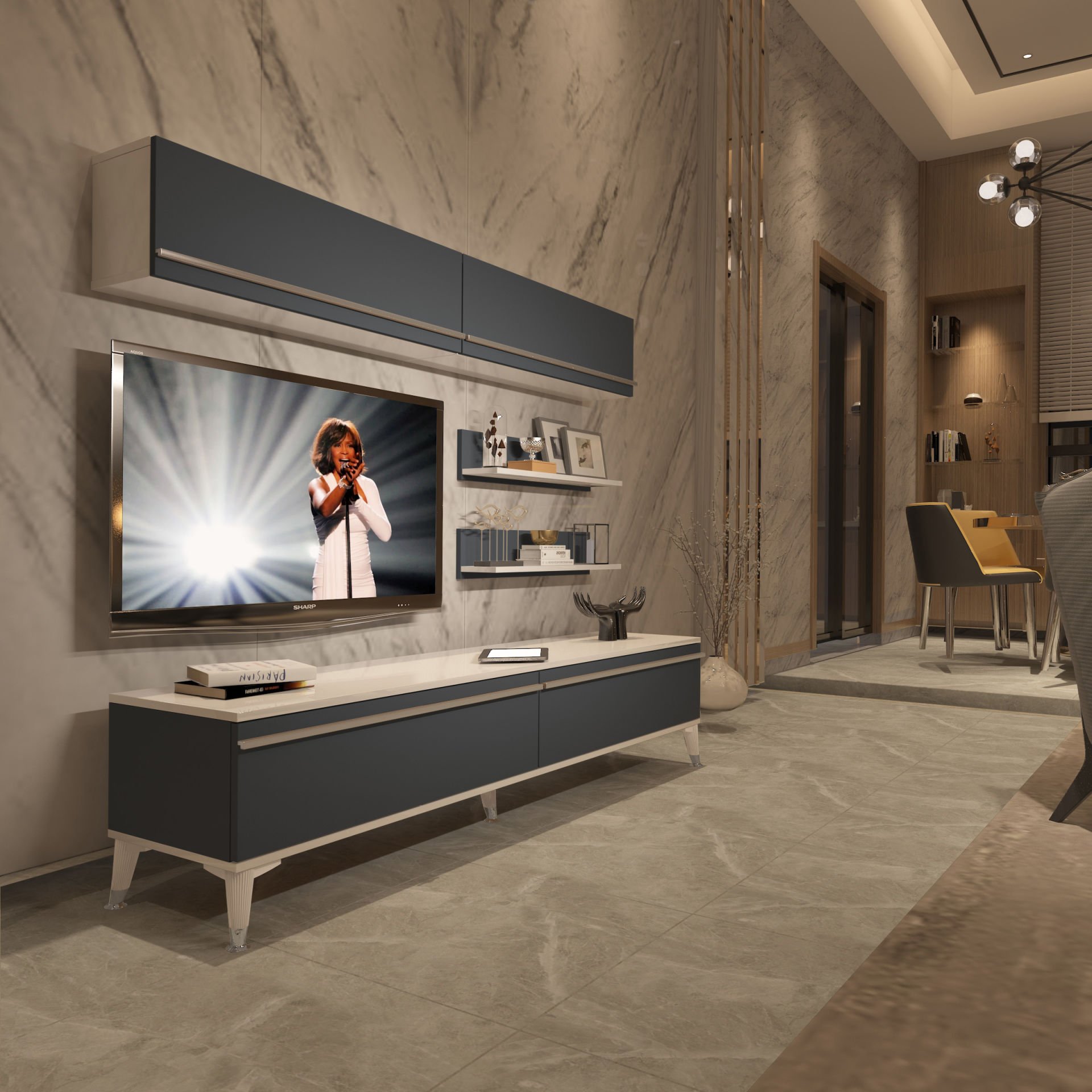 Decoraktiv Eko 5 Mdf Std Silver Tv Ünitesi Tv Sehpası Beyaz - Antrasit