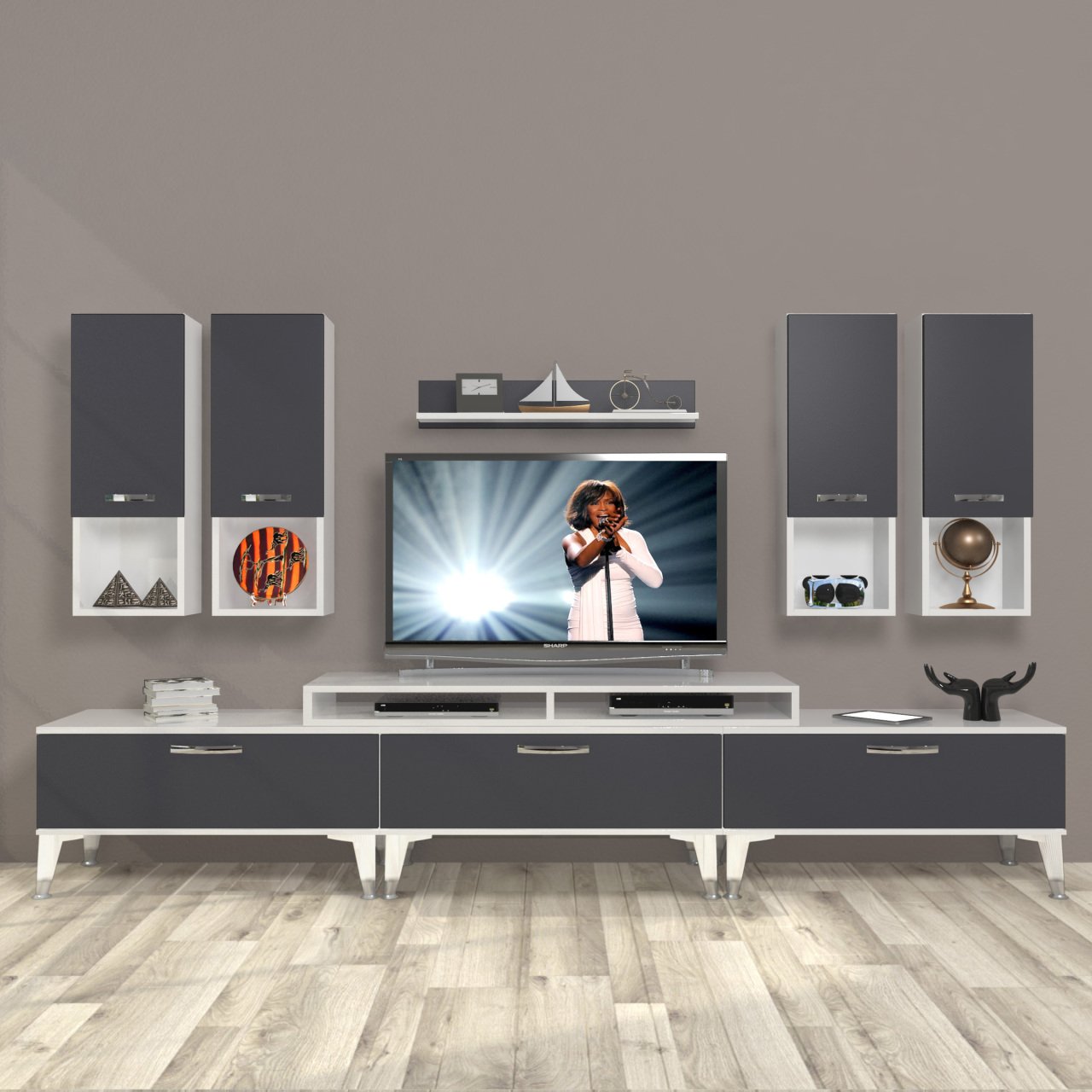 Decoraktiv Ekoflex 8DA Mdf Silver Tv Ünitesi Tv Sehpası Beyaz - Antrasit