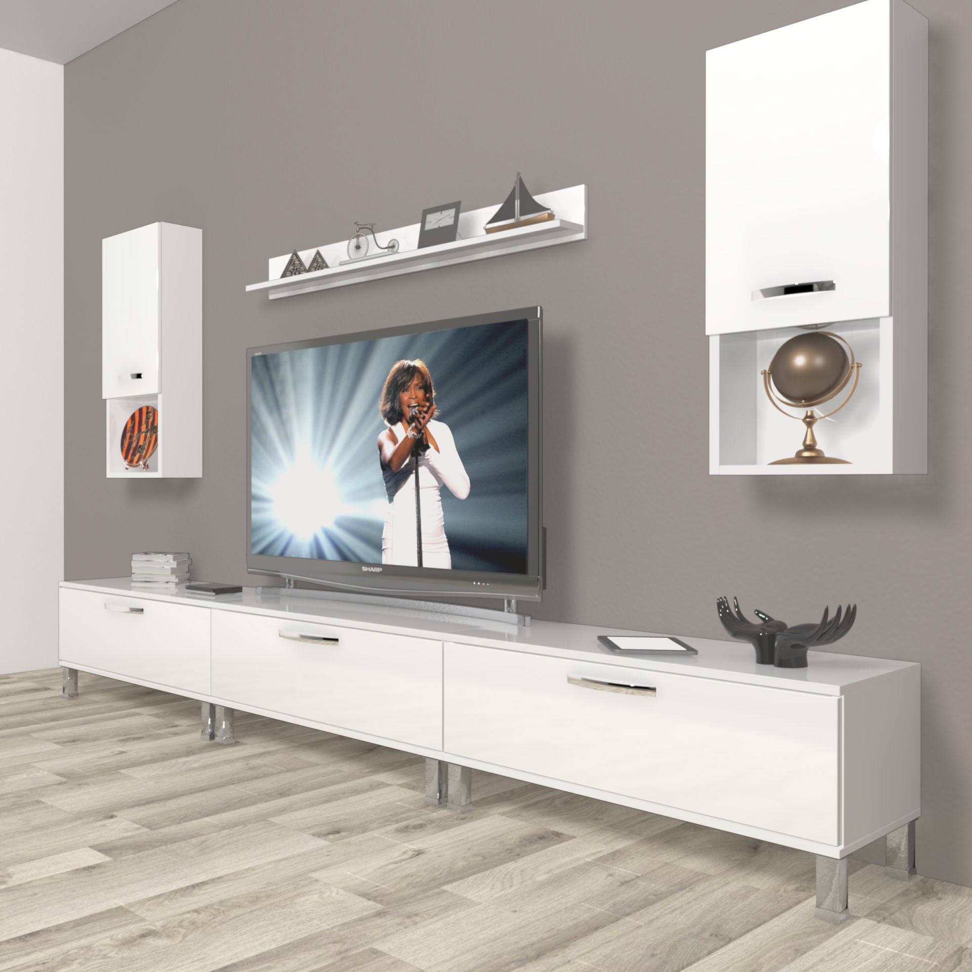 Decoraktiv Eko 270da Mdf Krom Ayaklı Tv Ünitesi Tv Sehpası Parlak Beyaz