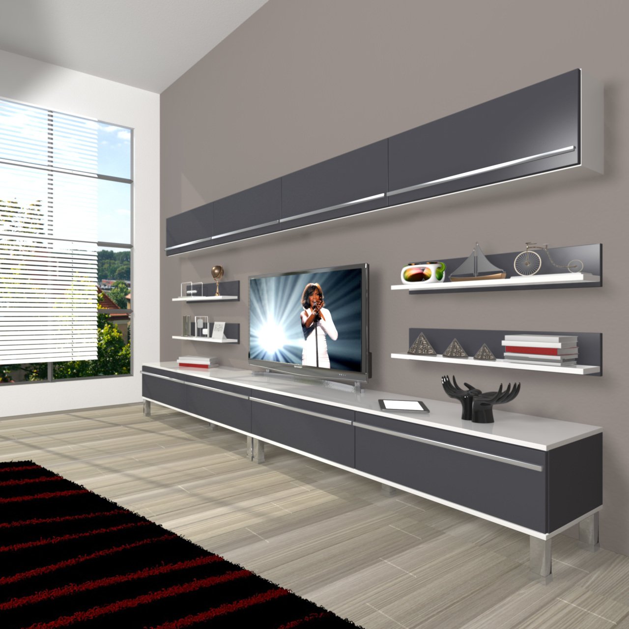 Decoraktiv Eko 360Y Mdf Krom Ayaklı Tv Ünitesi Tv Sehpası Beyaz - Antrasit