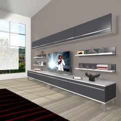 Decoraktiv Eko 360Y Mdf Krom Ayaklı Tv Ünitesi Tv Sehpası Beyaz - Antrasit