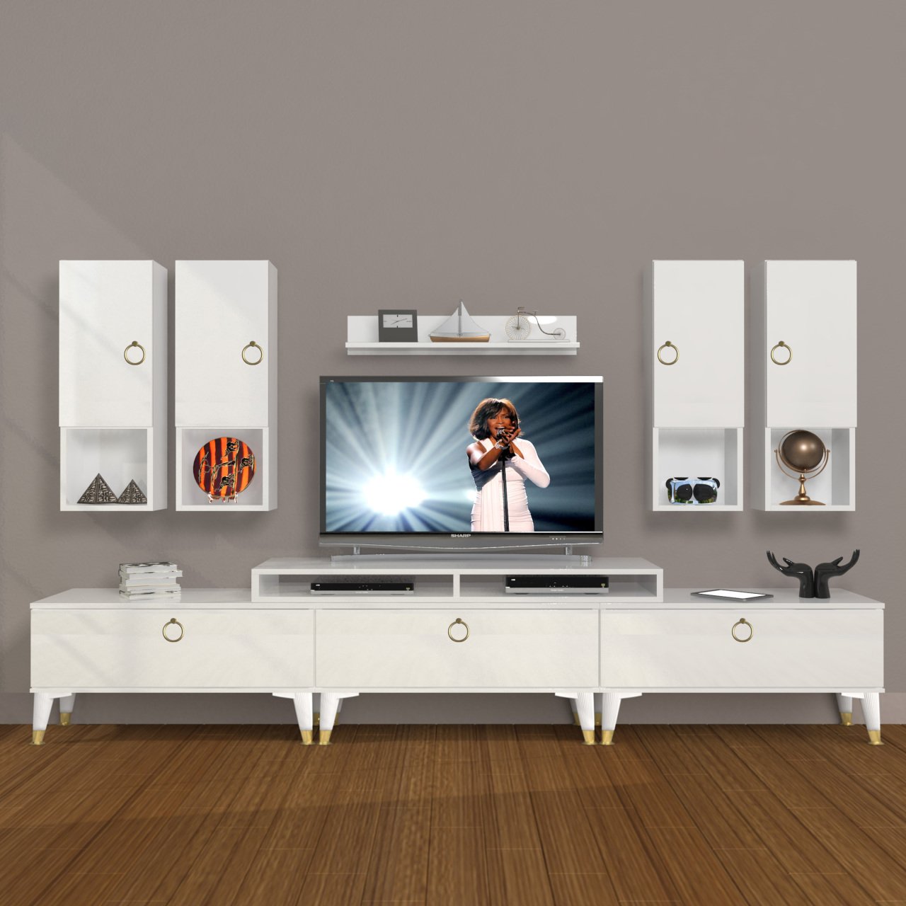 Decoraktiv Ekoflex 8DA Mdf Gold Tv Ünitesi Tv Sehpası Parlak Beyaz