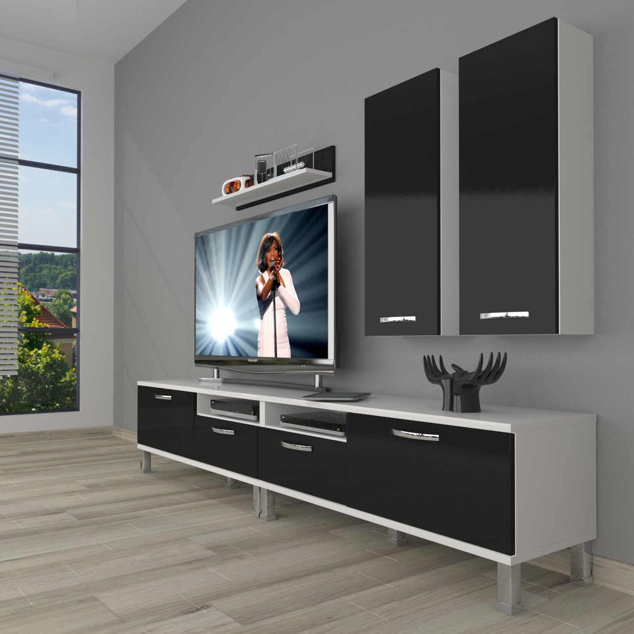 Decoraktiv Eko 5220D Mdf Krom Ayaklı Tv Ünitesi Tv Sehpası Beyaz - Siyah